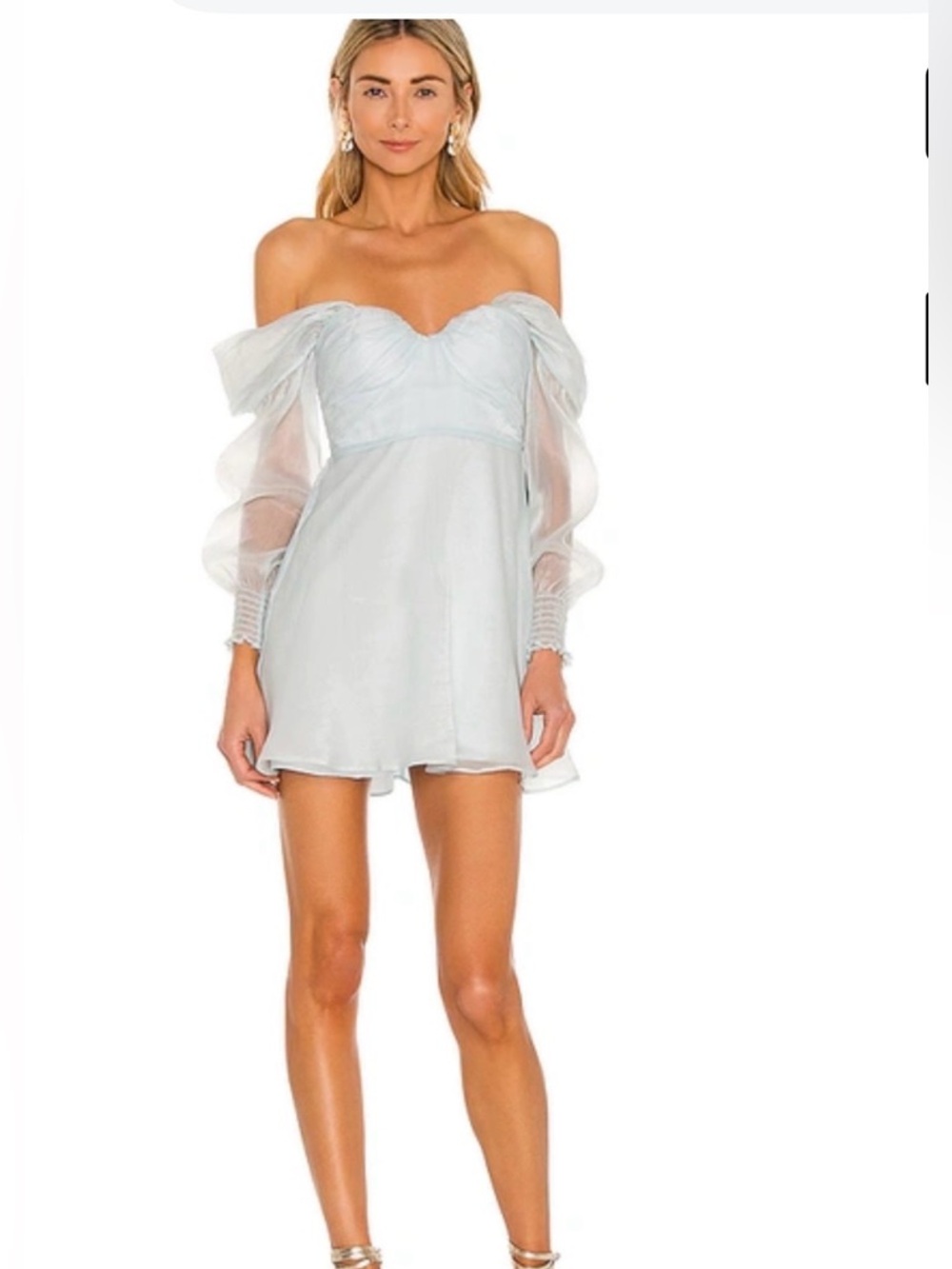 Off-Shoulder Sheer Sleeve Mini Dress in Pale Blue by house of Harlow 1960 M